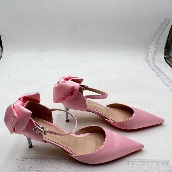 XYD Light Pink Graceful Low Heel D'Orsay Back Bow Ankle Strap Pointed Toe Pumps - Picture 4 of 8